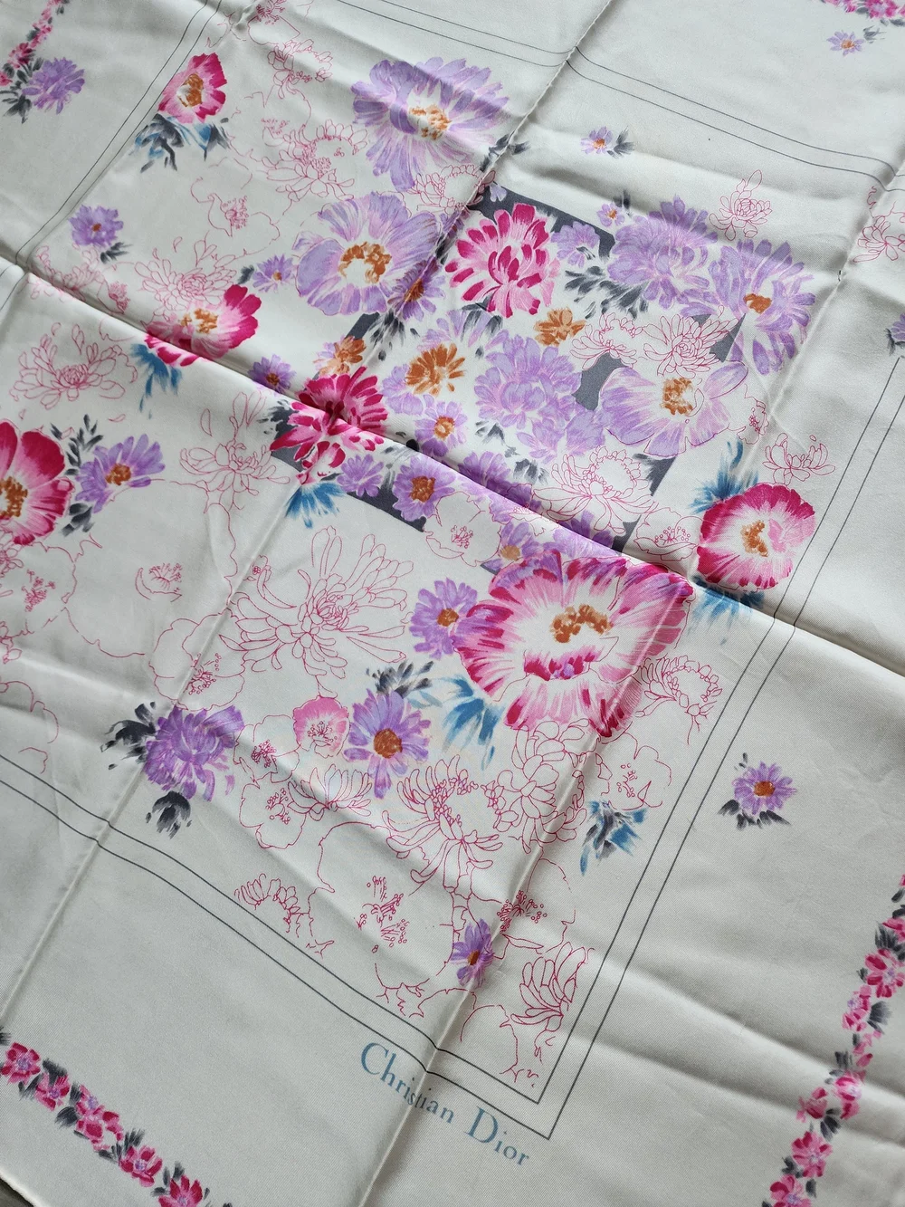 Auth Dior Floral Pink & Purple Blooms Silk Scarf